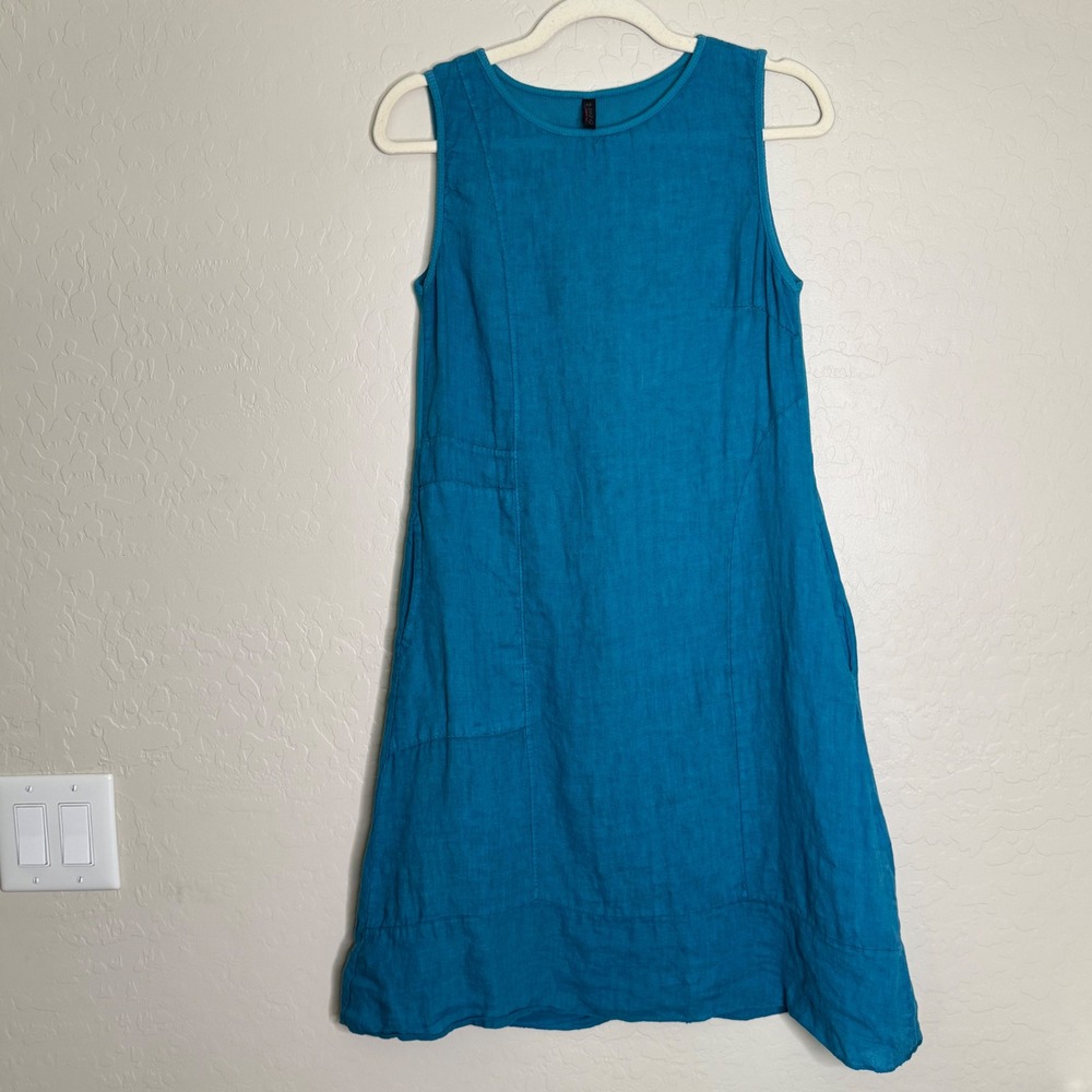 Inizio Women Linen Cotton Dress M Blue Sleeveless Pockets Italy Lagenlook Boho